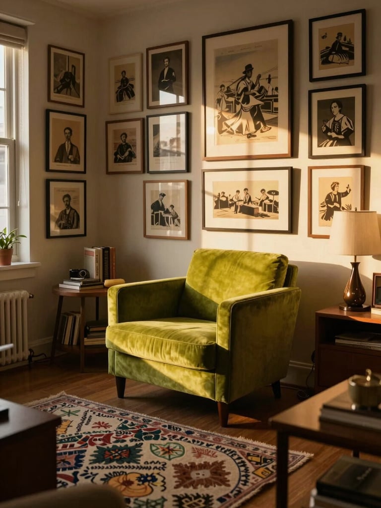 Wide environmental shot of a densely layered DC apartment living room, golden-hour light raking across a lime-green velvet chair and a gallery wall of vintage prints, warm tungsten glow, pattern-clash textiles visible in foreground