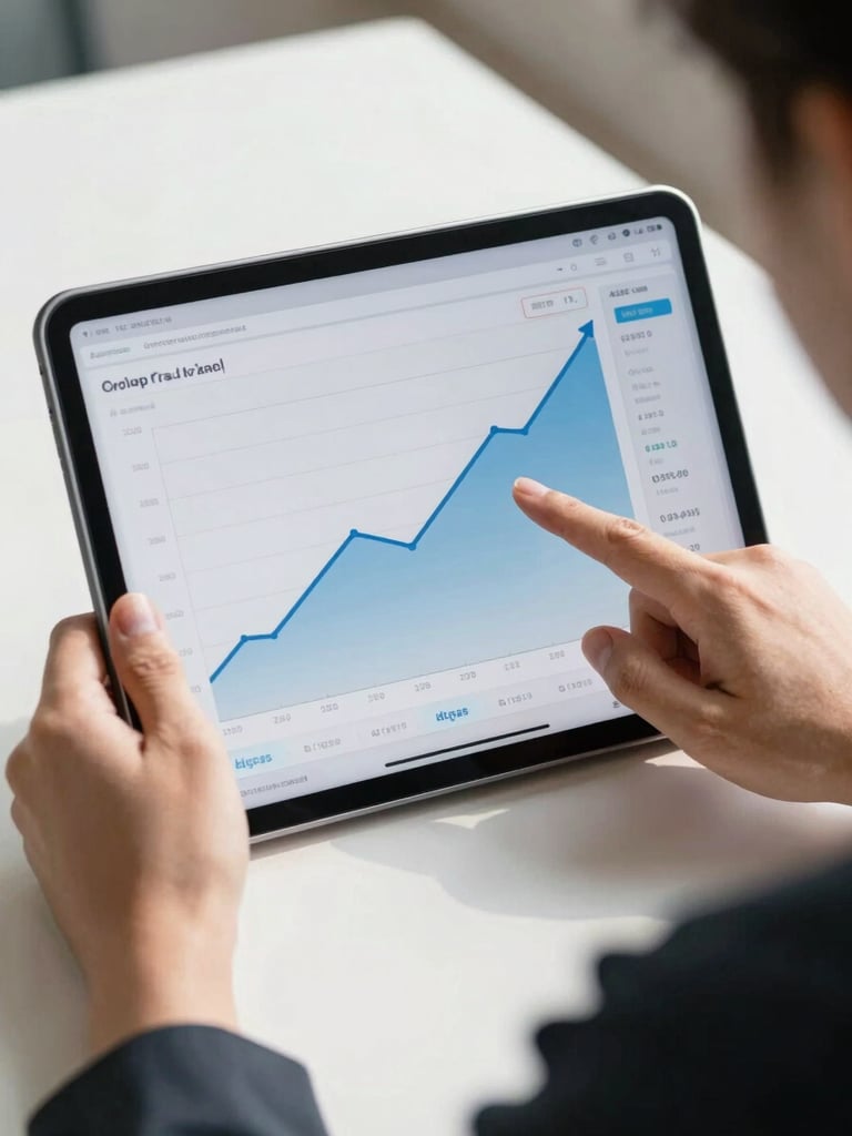 Over-the-shoulder view of a clean financial dashboard on a tablet, hands pointing to a rising growth trajectory line, bright natural daylight, crisp shadows.