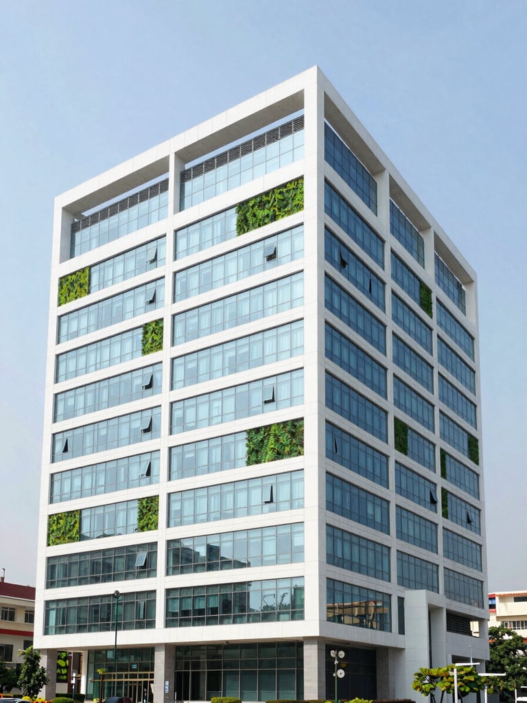 A bright, professional architectural photograph of a modern civic office building in Bangalore, clean glass windows, green sustainability accents, bright natural daylight, crisp corporate colors, wide environmental framing, professional 35mm lens.