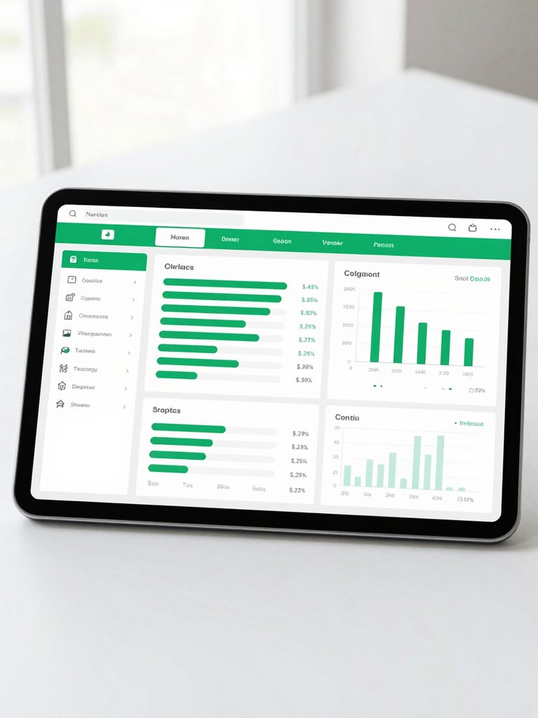 A clean flat-lay mockup of a digital civic dashboard on a tablet screen, showing green progress bars, budget charts, and transparent ledger entries, bright natural daylight.
