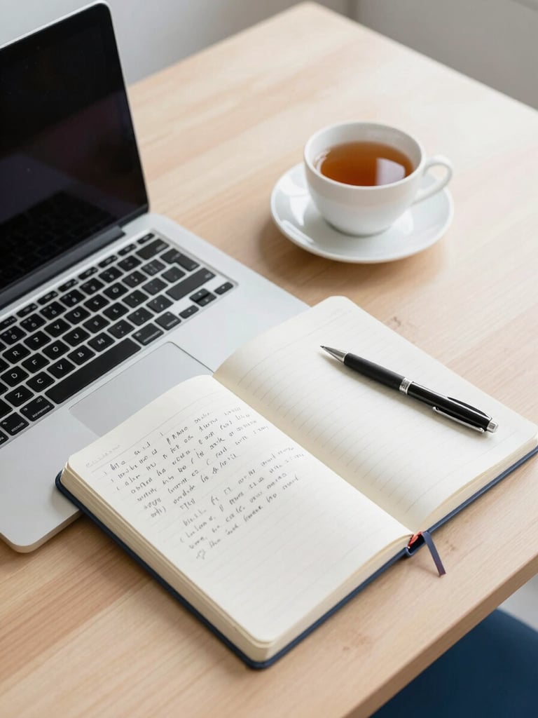 A clean flat-lay of a laptop, open notebook with neat handwriting, a pen, and a cup of tea on a bright wooden desk, natural morning light