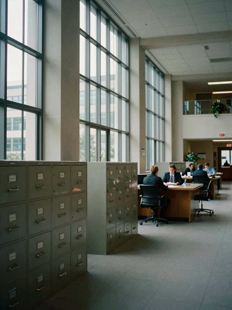 Wide environmental shot of a university administrative corridor, available daylight filtering through tall institutional windows onto rows of filing cabinets and a registrar's service counter, cool-toned documentary framing, no people visible