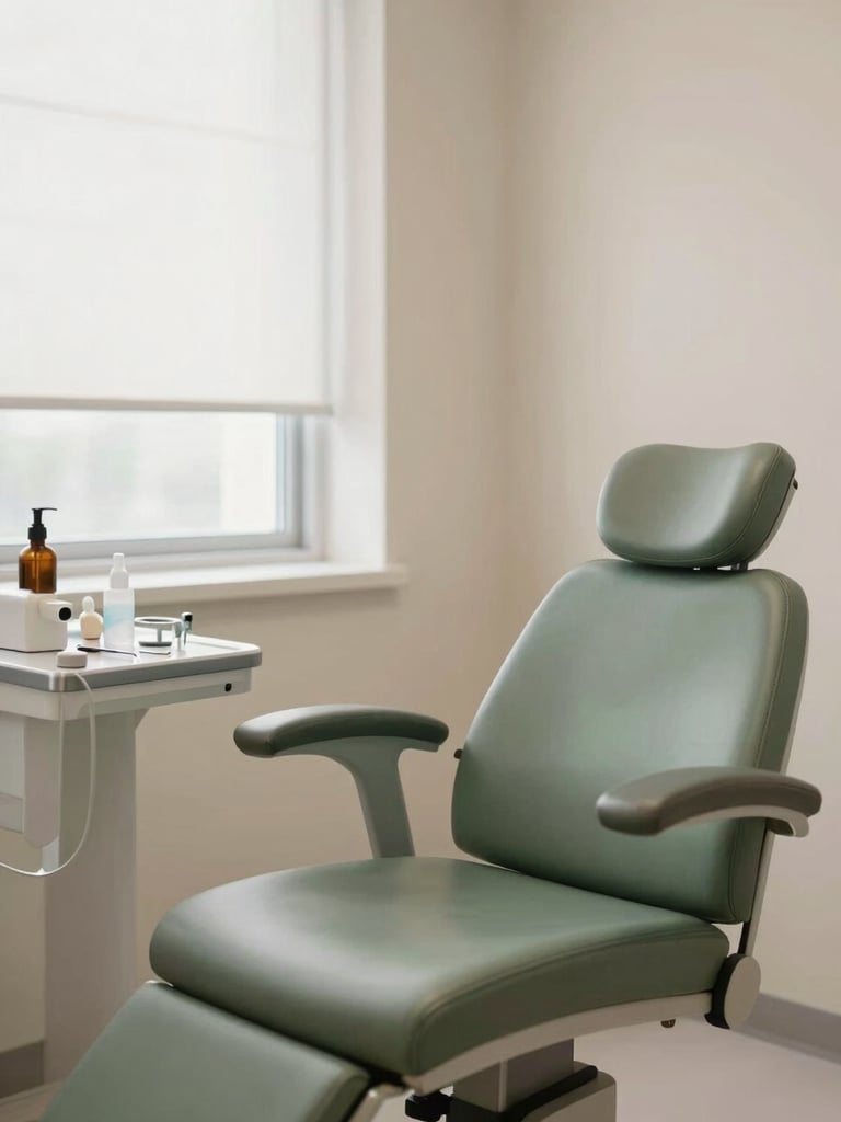 Consultório médico moderno e acolhedor, com uma poltrona de exame e instrumentos clássicos, iluminado por luz natural suave, tons de verde sálvia e cinza ardósia.