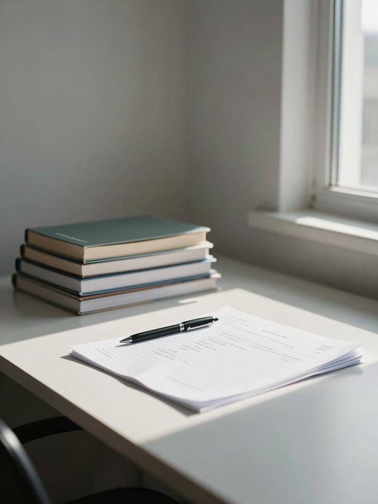 Wide corner-angle view of a minimalist study workspace — a desk with stacked textbooks, a single pen, and teaching notes spread out, natural window light from one side casting long soft shadows across the surface