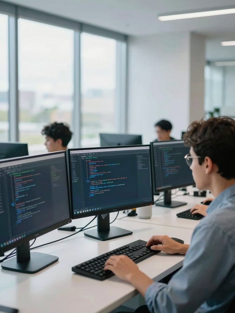 Modern clean workspace in a Latin American business hub, developers analyzing clean code on high-end monitors, bright daylight, cool blue tones, 35mm