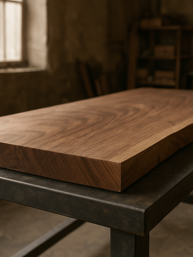 Wide architectural detail shot from eye level inside an Istanbul atelier workshop — a walnut slab resting on a steel workbench, fine joinery visible along the edge, warm north-facing daylight raking across the grain, dust motes suspended in the light, no people, material honesty front and center