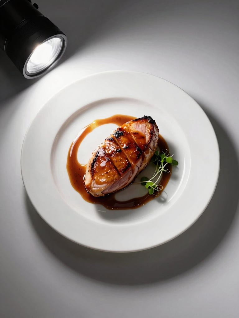 Close overhead framing of a single plated entrée — seared duck breast fanned on a white porcelain plate, a precise arc of jus, micro herbs at rest, lit by a single studio strobe from the left casting a soft directional shadow, no clutter, pure white surface beneath