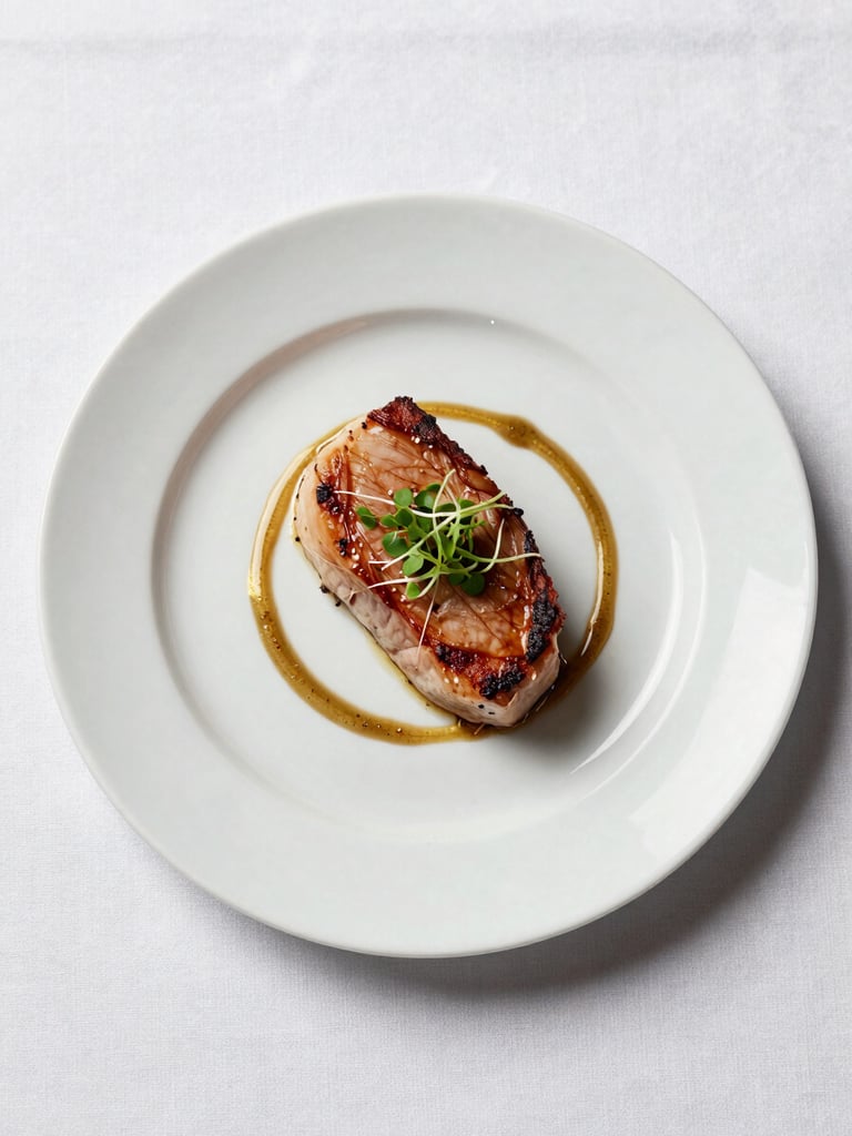 Close overhead shot of a single white porcelain plate with a precisely plated main course — a seared protein with micro-herb garnish and a gold-rimmed sauce pool — on a white linen tablecloth, studio strobe lighting, sharp and clean