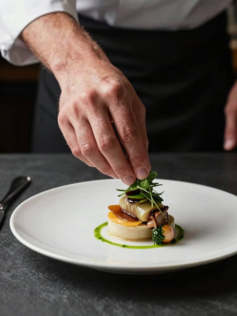 Close-up of a chef's hands placing a garnish on a plated main course, white porcelain plate on a dark slate surface, soft studio light from the upper left illuminating the dish, shallow depth of field with polished fork visible at left edge