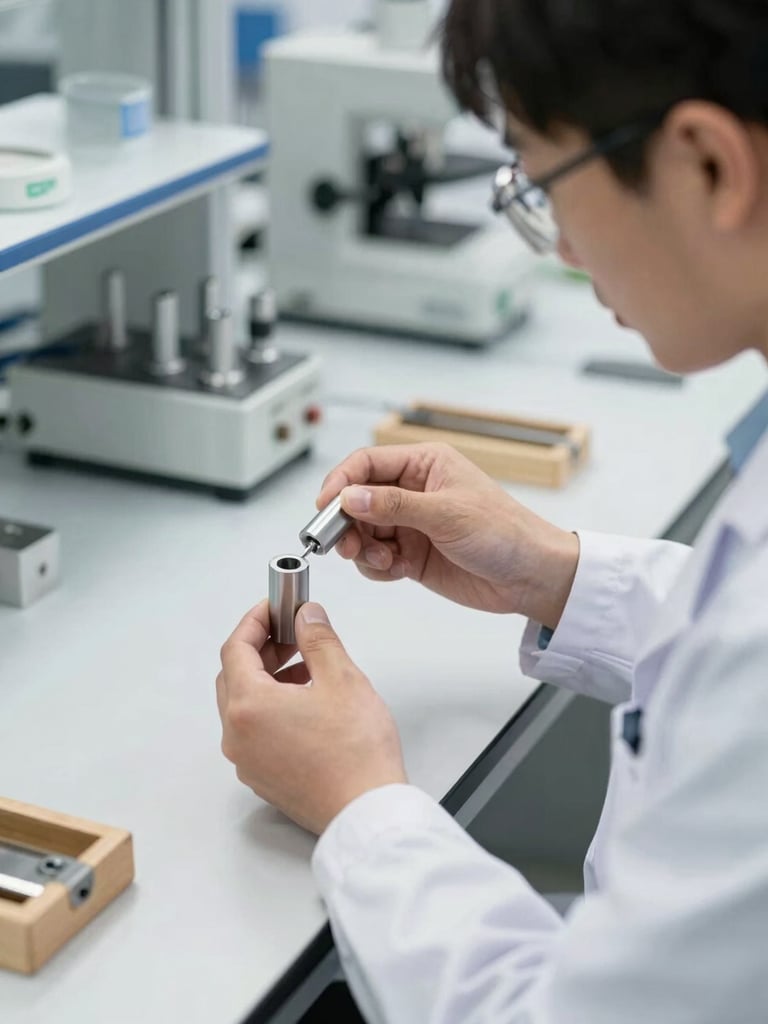 Close-up of a quality inspector testing metal alloy components in a clean, modern laboratory setting, natural bright daylight, desaturated corporate tones, sharp focus