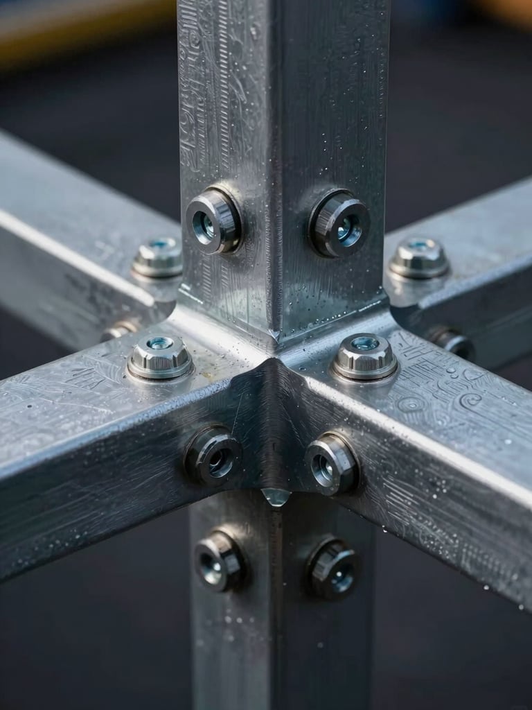 Macro close-up of a heavy-duty steel truss joint, structural safety bolts, technical laser-etched alignment markings, dramatic directional spotlight, dark background.
