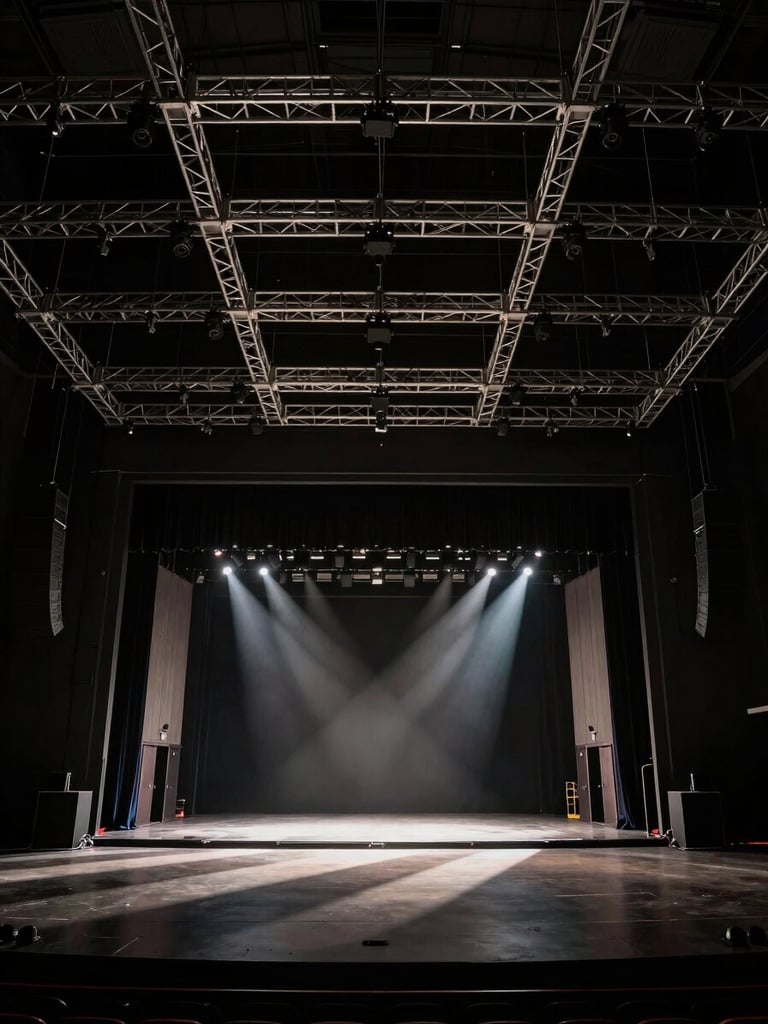 Extreme wide-angle architectural shot of an empty arena stage before doors open, high-contrast dramatic stage lighting casting sharp diagonal shadows, massive structural rigging grids suspended overhead.