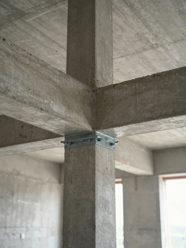 Close-up wide shot of a structural junction inside a building under construction — a concrete beam meeting a steel column, raw bolted connection plates visible, unpainted plaster wall in the background, north-facing diffuse daylight from an unseen opening to the right, no people, no signage