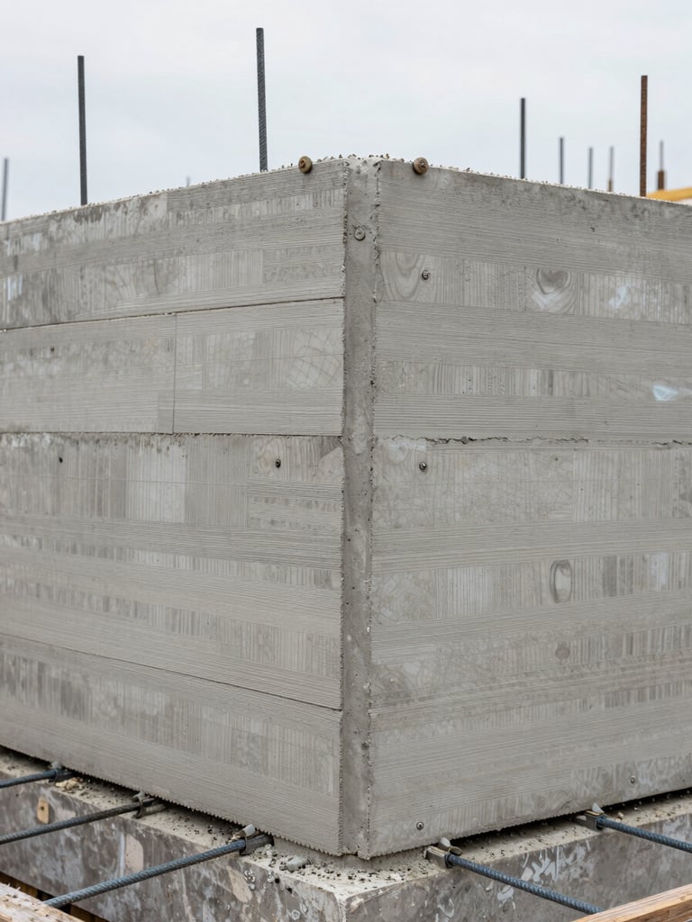 Close-up wide shot of raw concrete formwork panels bolted at a structural corner junction on an active construction site, north-facing diffused daylight revealing texture of wood grain imprinted in cured concrete, steel tie rods visible in foreground, no workers or people in frame