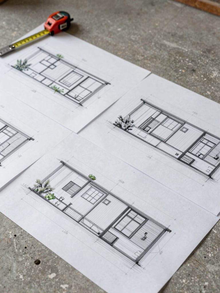 Overhead flat-lay of hand-drawn architectural section drawings spread on a concrete floor, pencil marks and dimension annotations visible, a steel rule and a measuring tape resting at the edge, diffused north-facing natural light, no people, wide framing with negative space at upper right
