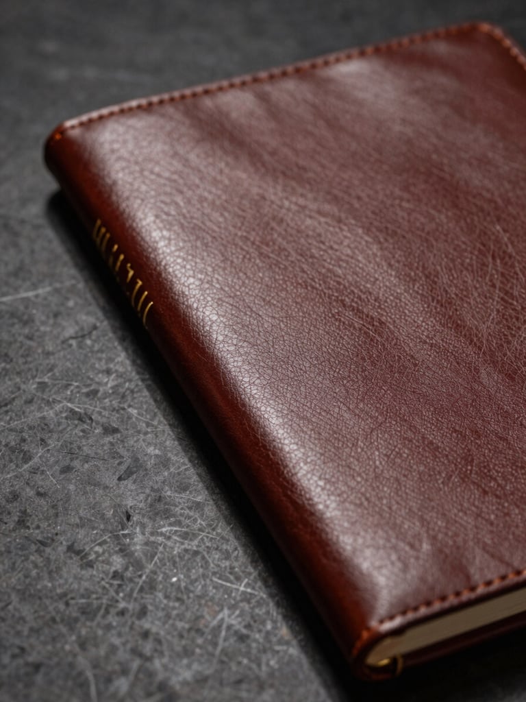 Extreme close-up of a leather-bound institutional report resting on a dark marble surface, directional studio light casting a precise hard shadow to the left, gold foil lettering partially visible at the spine edge, deep shadow filling the right half of the frame