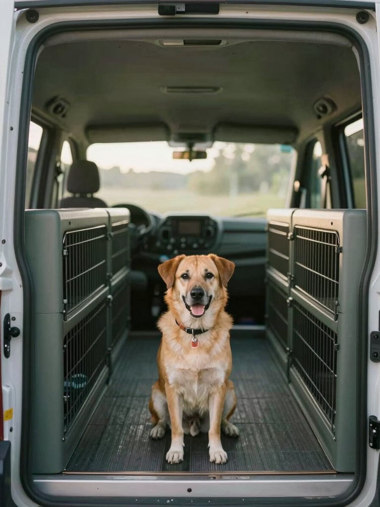 warm editorial photography, conditioned canine transport van interior, clean and safe crates, soft morning light