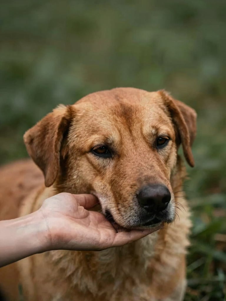 Portrait of a calm dog resting its head near a person's hand, earthy terracotta and green tones, shallow depth of field, warm editorial photography, soft natural light