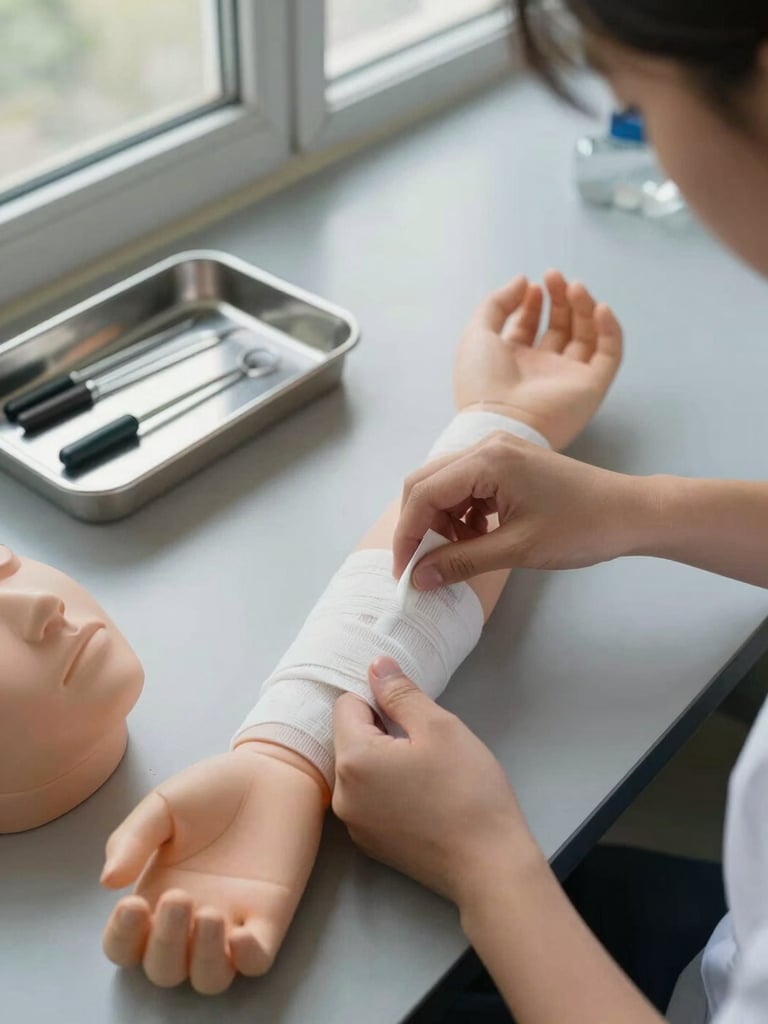 Close-up overhead view of a student's hands in a simulation lab setting, carefully wrapping a bandage around a training mannequin's forearm, clinical instruments arranged on a steel tray beside the workstation, natural daylight from a high window, warm grey lab surfaces