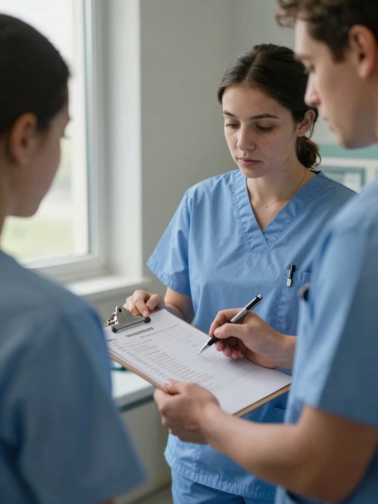 Close-up environmental shot of a nursing student and a clinical mentor in hospital ward scrubs reviewing a patient chart clipboard together at a nurses station, natural daylight from a tall ward window to the left, focus on hands holding the clipboard and pen, warm grey wall in background, candid documentary framing, no faces prominent