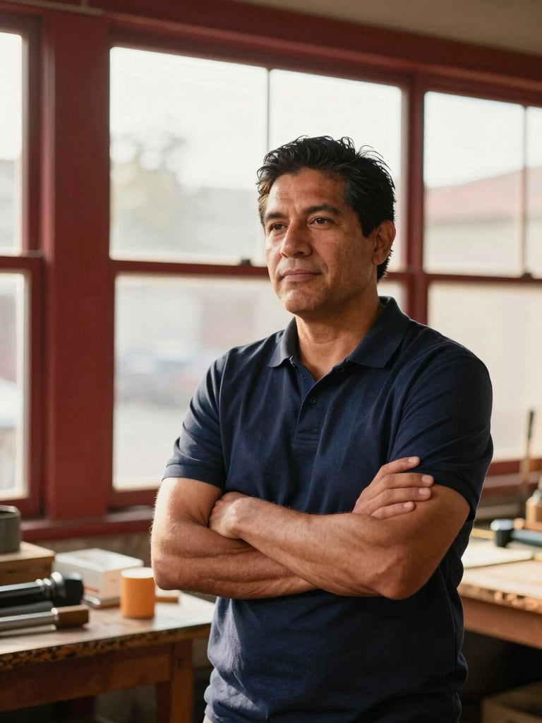 Medium shot of a Hispanic small business owner in a clean workshop, warm golden light streaming through a window, looking focused and proud, 35mm editorial.