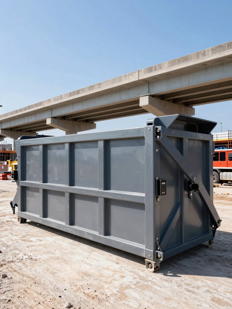Low-angle heroic shot of a clean, heavy-duty steel roll-off dumpster on an active, organized Houston construction jobsite. Bright, high-contrast Texas daylight, with a highway overpass visible in the background, casting strong shadows.
