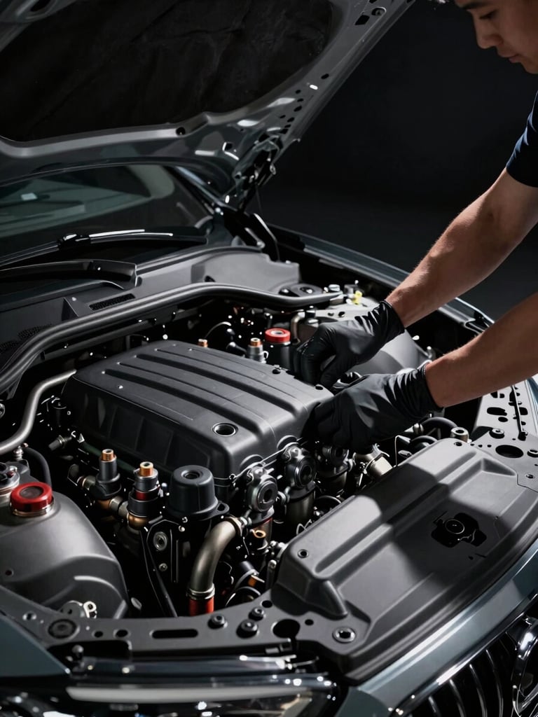 Close-up three-quarter view of a technician's hands in dark gloves presenting an open engine bay of a luxury sedan, workshop studio strobes casting sharp shadows across the engine components, deep black background, no faces visible, cinematic high-contrast automotive photography