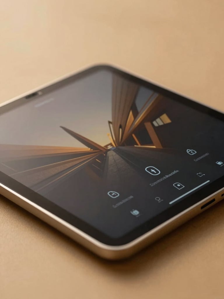 A close-up macro shot of an elegant obsidian-finished tablet displaying a secure digital portal interface, warm golden light catching the metallic edges, professional executive desk setting