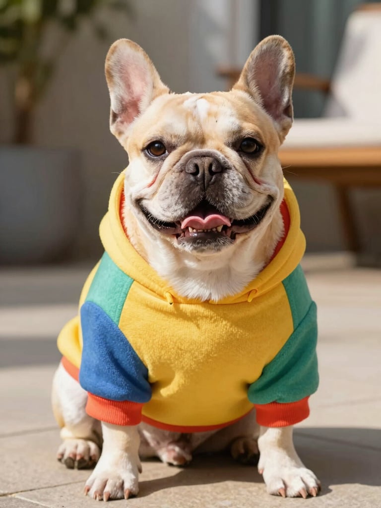 A happy French Bulldog wearing a custom colorful soft hoodie, sitting comfortably on a sunny patio, warm editorial pet photography, 35mm lens