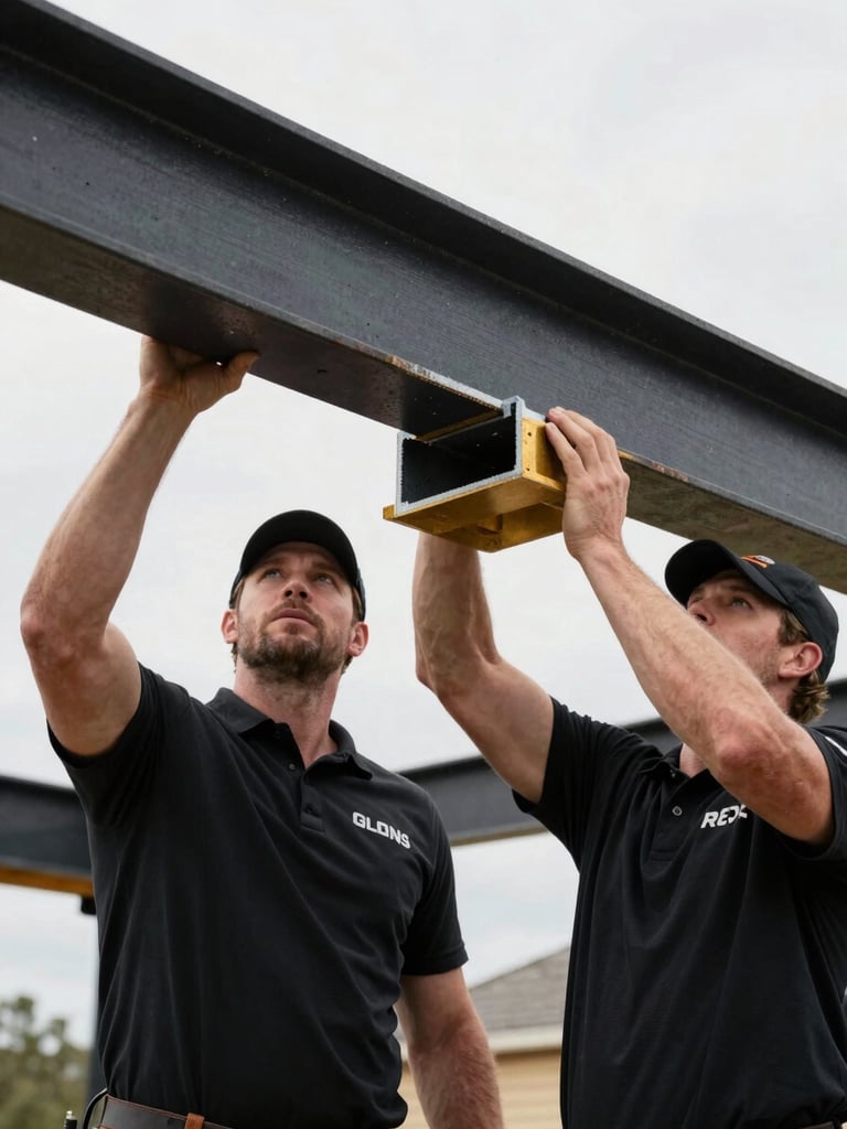 Close-up of Jon and Coby Glennon in clean branded gear inspecting a massive steel RSJ beam inside a house extension, sharp detail, dramatic natural light