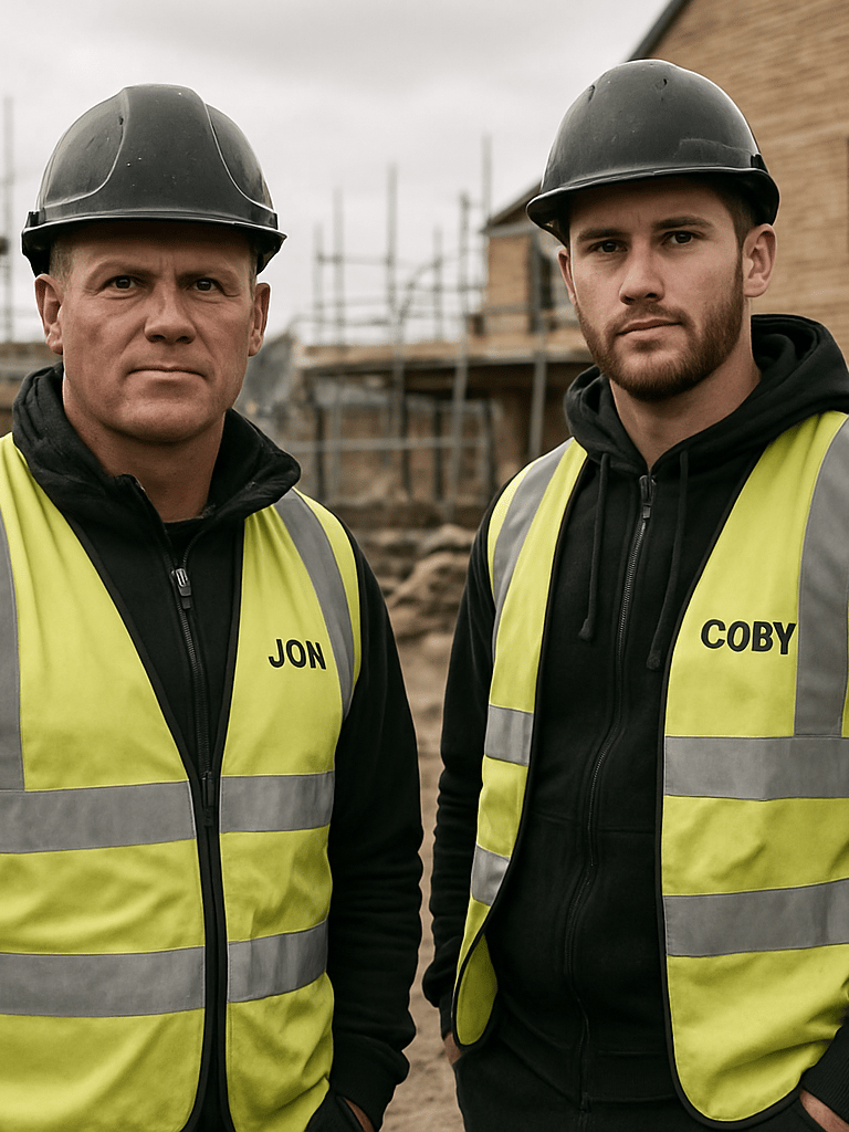 Honest environmental portrait of Jon and Coby Glennon in clean branded construction gear standing on an active residential building site in Rochdale under natural daylight.