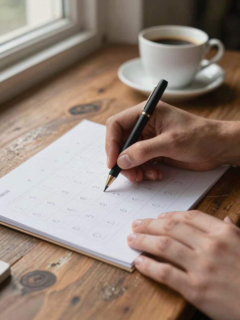 Close-up of hands tracing a handwritten seasonal calendar on a worn wooden table, natural window light from the left, a coffee cup blurred in the background