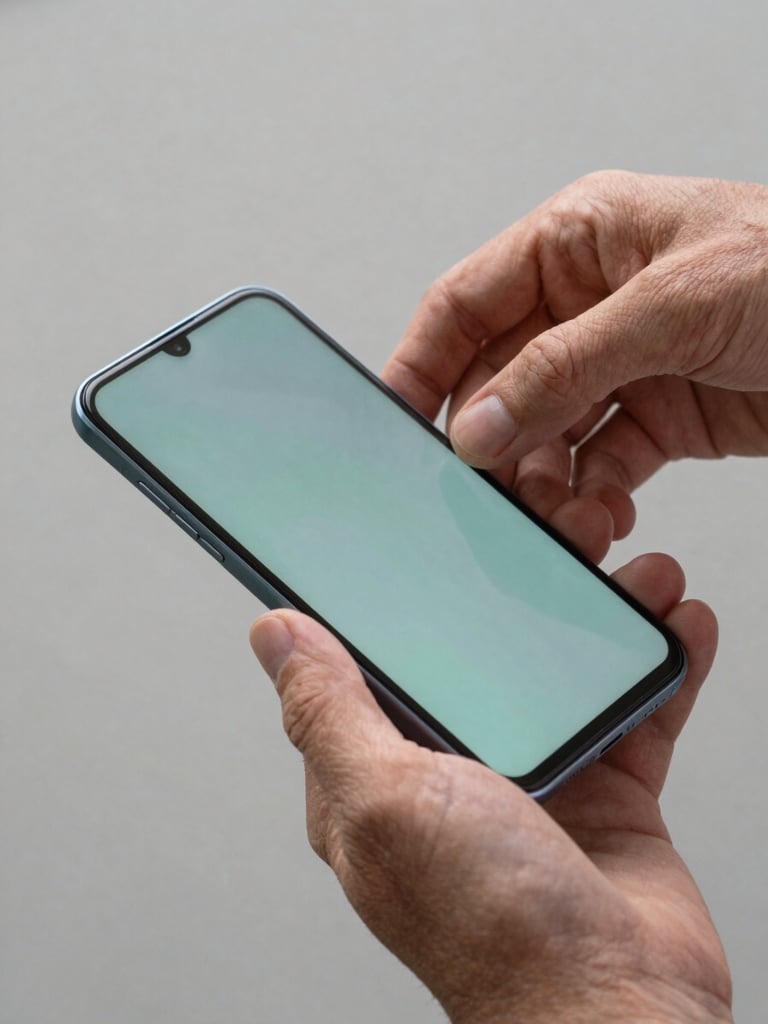 Tight macro crop of a child's hand and an older adult's hand holding a high-contrast Android device, soft mint backlight reflecting on the screen edge, studio setting
