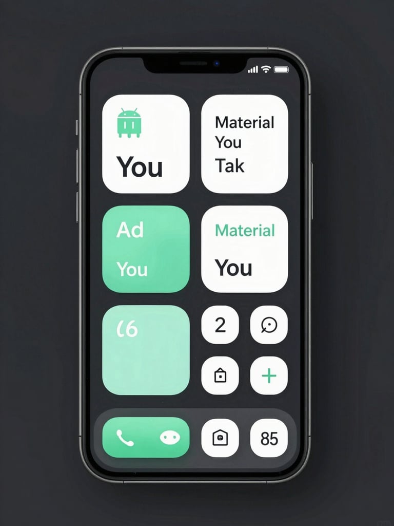 Front-on vector mockup of a sleek Android device displaying a high-contrast native interface with large, tactile buttons and fluid Material You elements, mint accents, dark slate background.