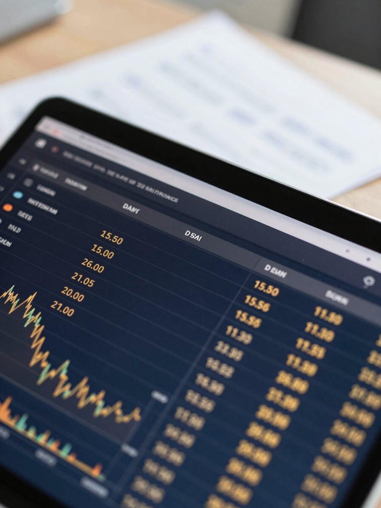 Close-up of a clean digital dashboard displaying financial data, with neat physical paperwork in the background, bright natural office light, shallow depth of field, professional editorial photography, navy and warm gold tones