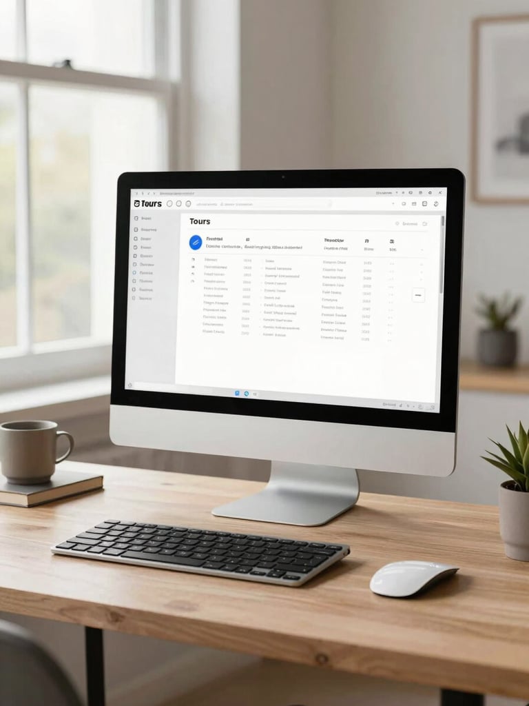 A clean, modern home office setup in Tours with a computer screen displaying a clean desktop, soft natural light coming from a window