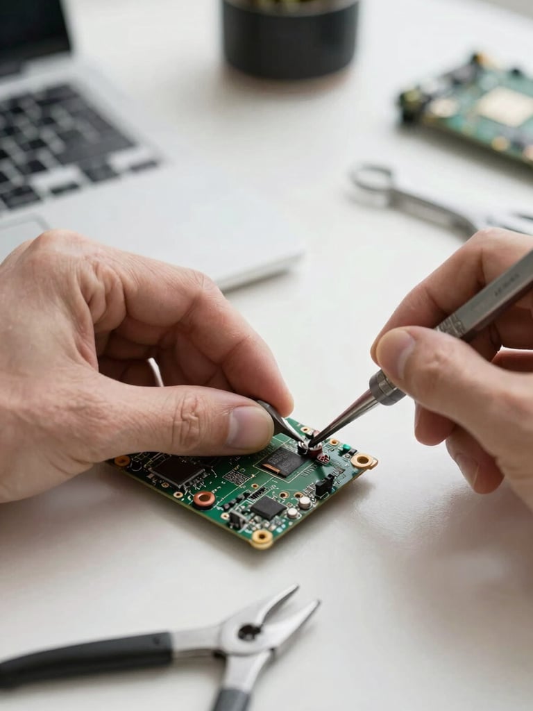Macro close-up of precise hands repairing a laptop motherboard with professional tools on a clean white desk, bright natural daylight, shallow depth of field.