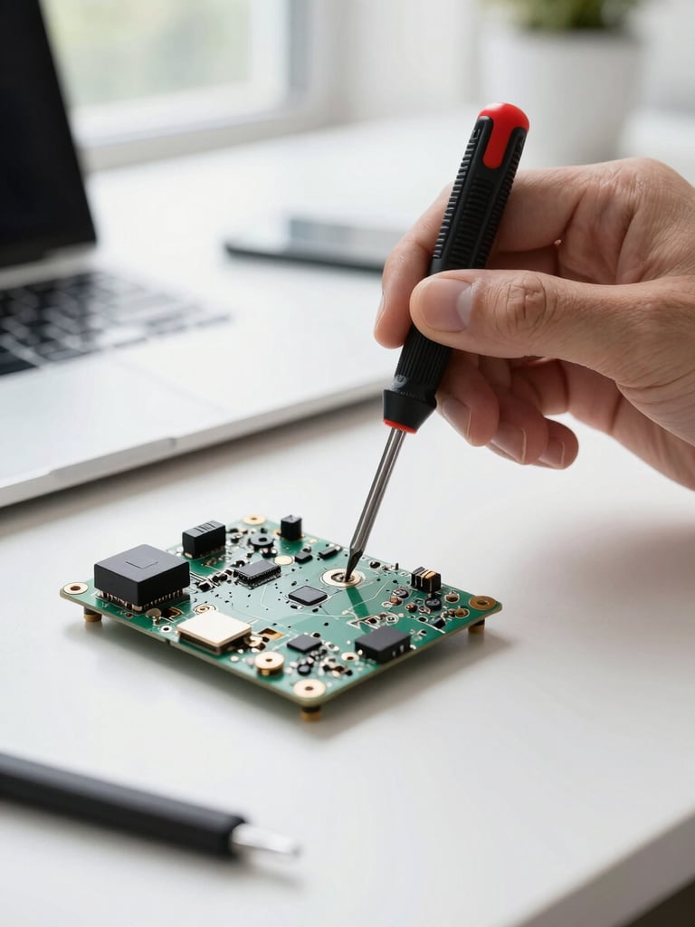 Macro close-up of precise hands using a small screwdriver to repair a laptop motherboard on a clean white desk, bright natural window light, professional repair tools visible.