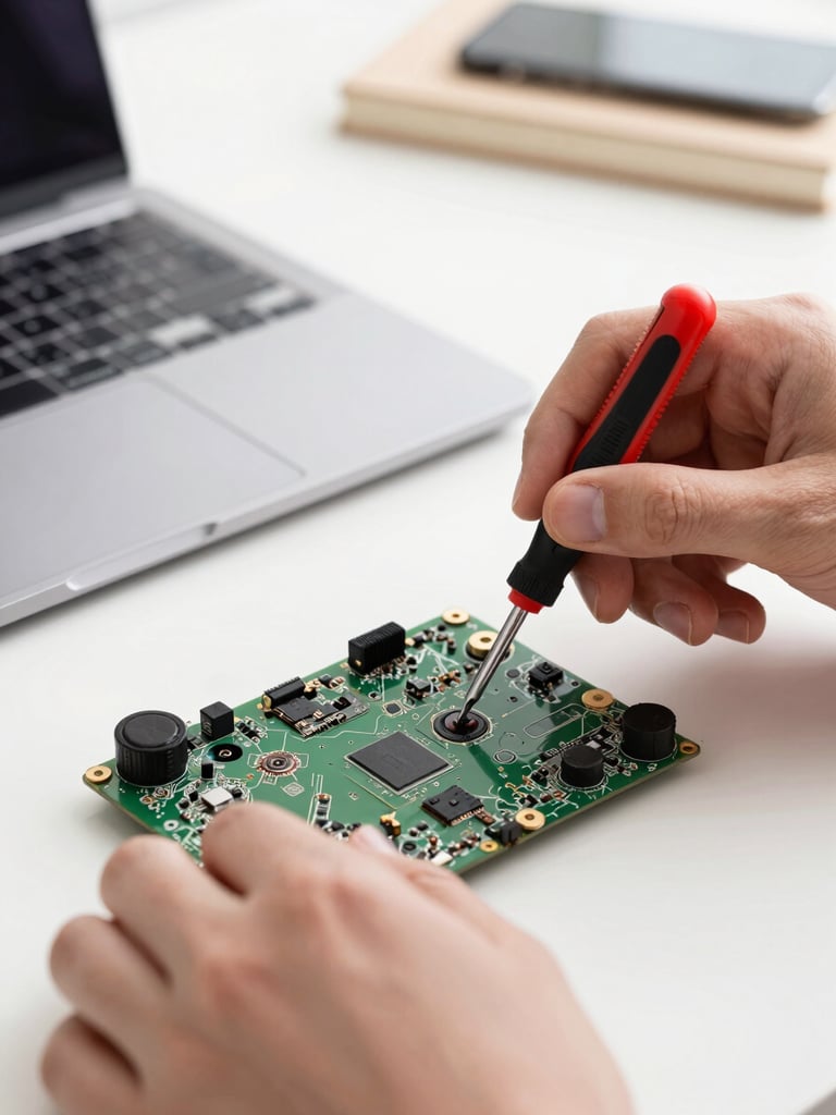 Close-up of precise hands using a small screwdriver to repair a laptop motherboard on a clean white desk, bright natural daylight