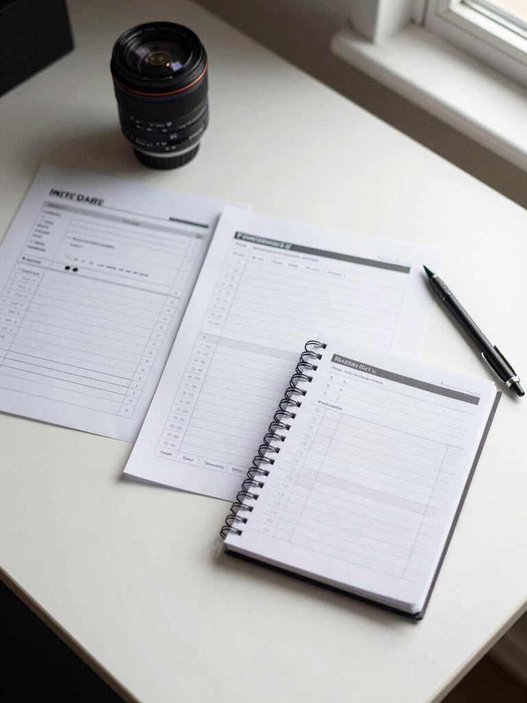 Overhead flat-lay of an organized desk with printed planning sheets, a task tracker notebook, and a mechanical pencil on a clean white surface under diffuse north-facing window light
