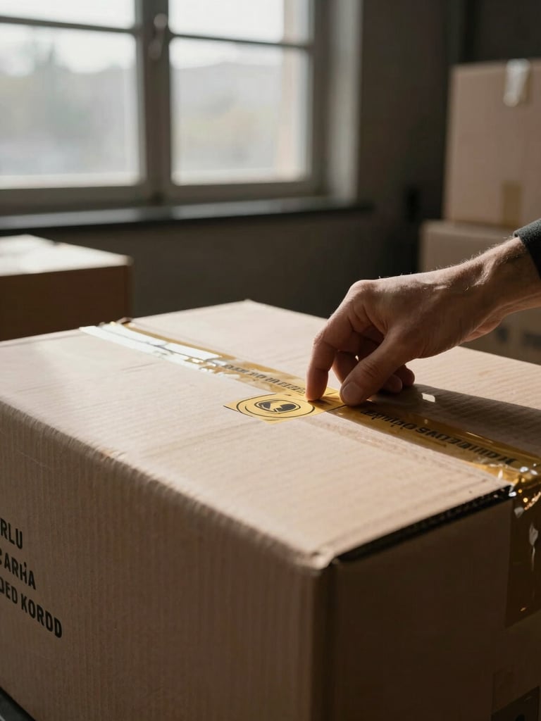 Close-up of a hand placing a security seal on a large, branded shipping carton, in a clean, modern logistics facility, dramatic indoor window light, rich deep tones, gold accents, medium format