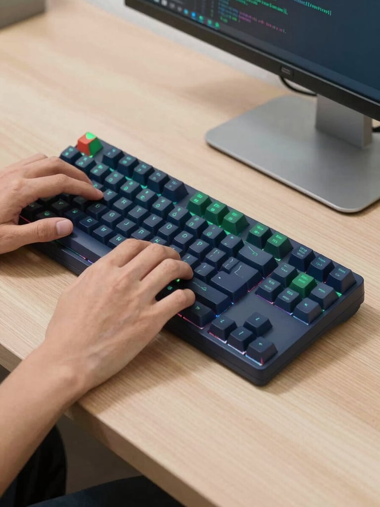 Close-up of hands typing clean code on a mechanical keyboard, minimalist wooden desk, subtle green ambient light from a monitor, crisp corporate tech photography, 35mm