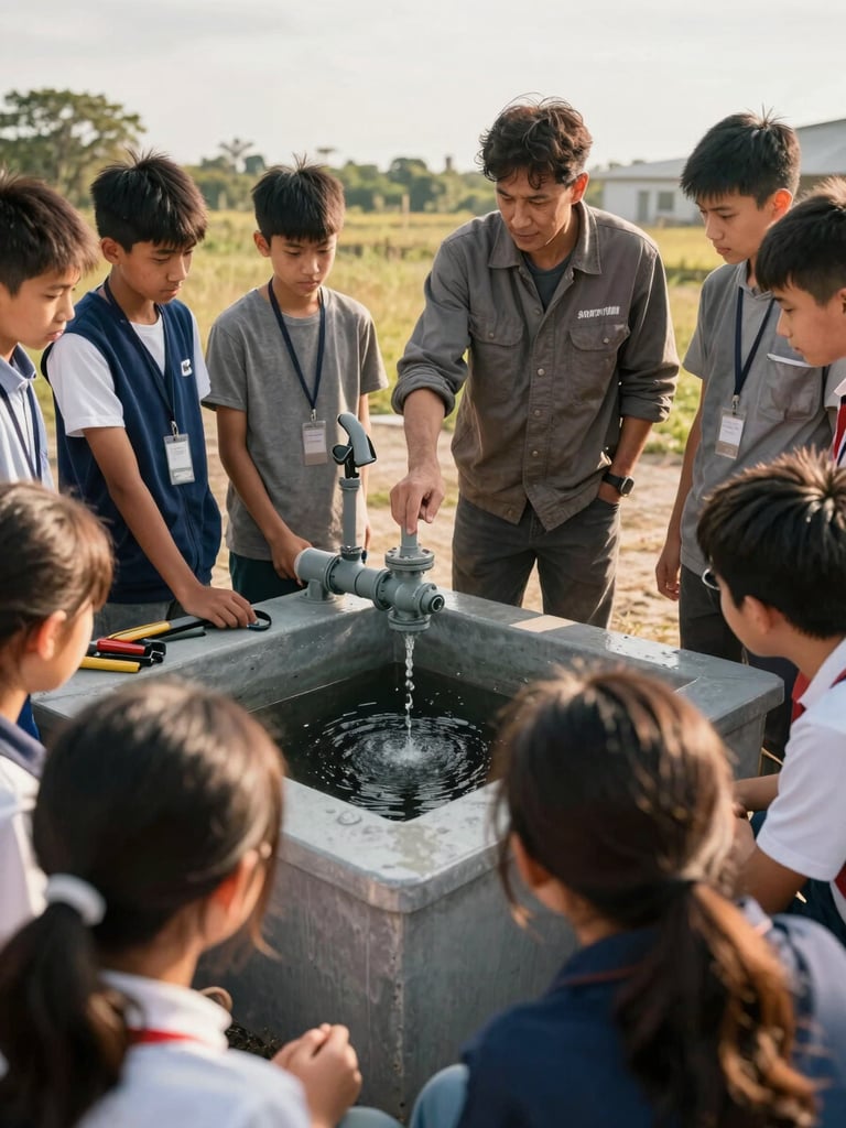 Wide shot from behind a small group of students gathered around a constructed greywater filtration system outdoors, an instructor in worn work clothes pointing at a pipe junction, golden natural daylight, hands visible, tools on the ground nearby