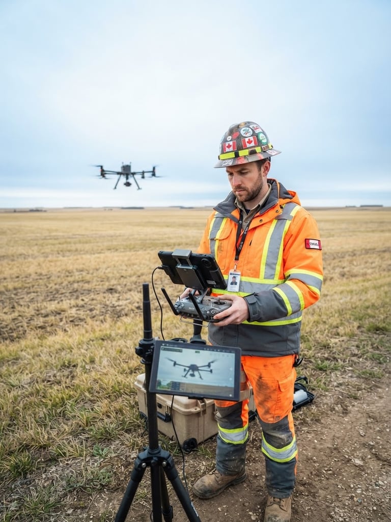 A professional drone pilot in high-vis safety gear holding a high-end commercial RPAS controller on a bright overcast day in a Canadian field, cool blue tones, wide-angle lens