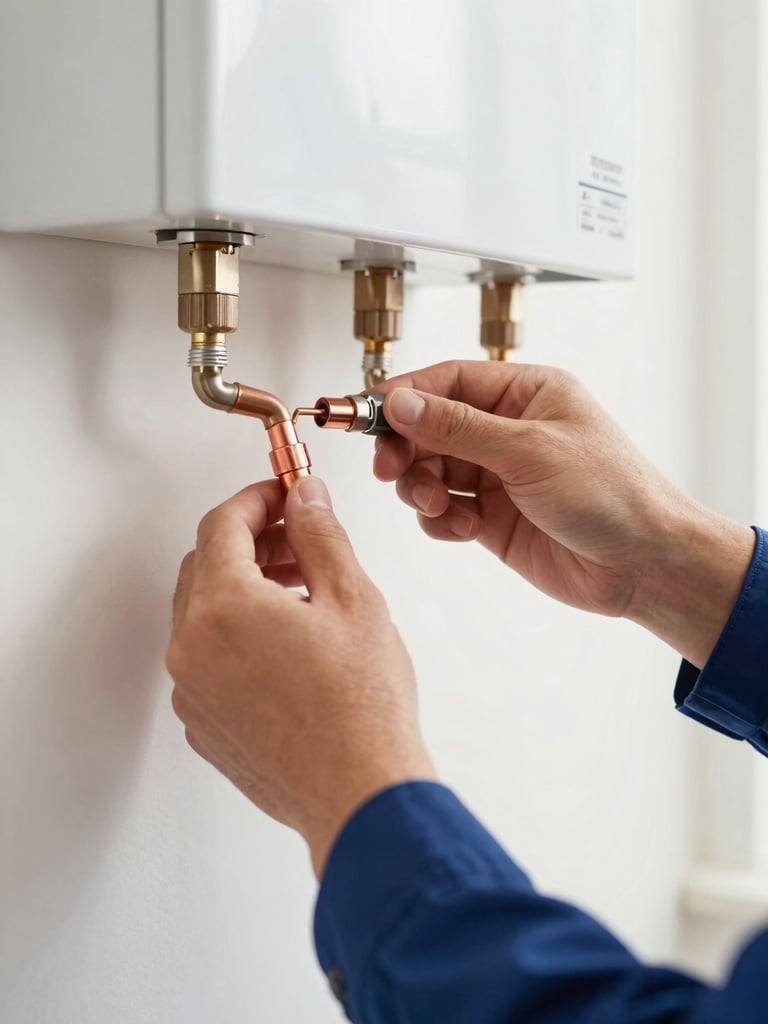 Close-up of professional hands adjusting the copper connections of a newly installed gas heater on a clean wall, bright natural indoor lighting, sharp focus.
