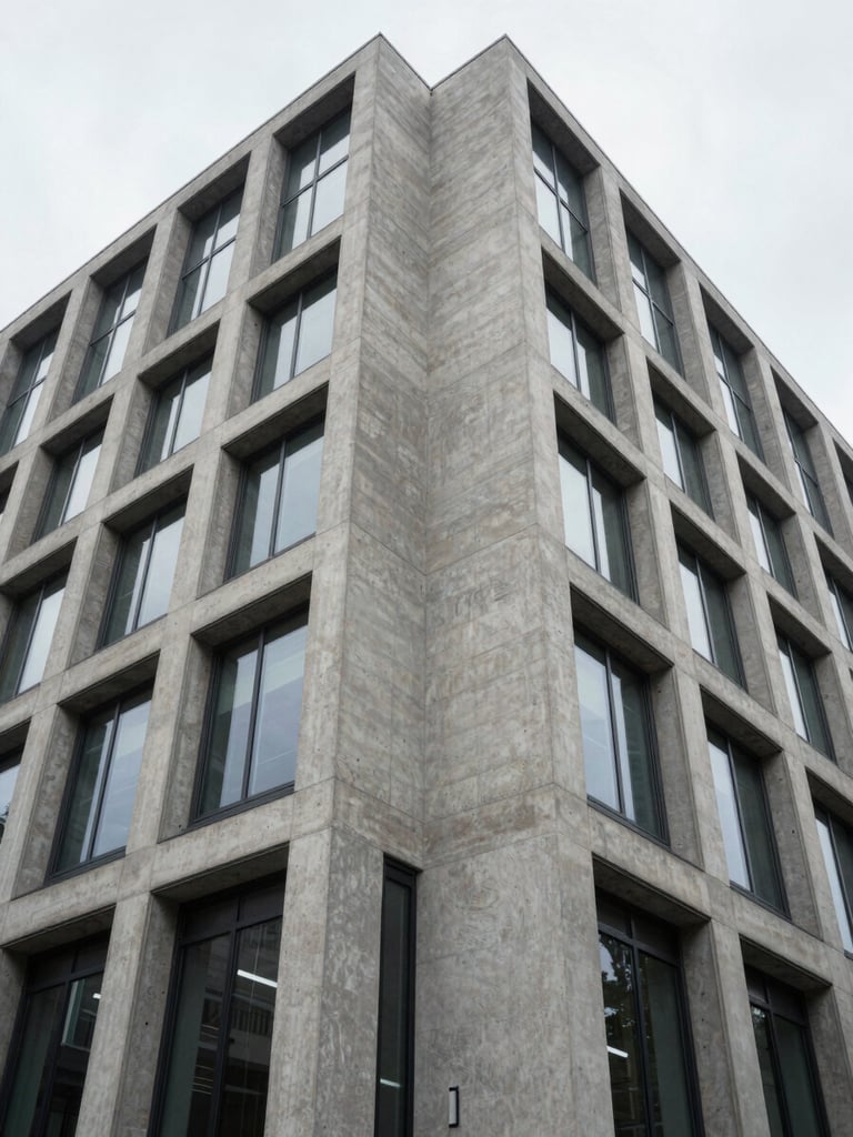 Symmetrical perspective of a modern concrete and steel corporate building facade, clean geometric lines, cool overcast daylight framing