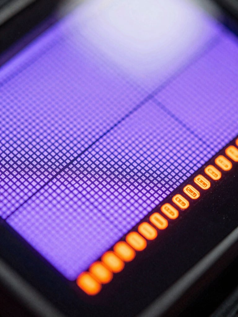 Extreme macro close-up of a high-resolution liquid crystal display showing razor-sharp violet and orange subpixels, bright and clean overexposed studio lighting