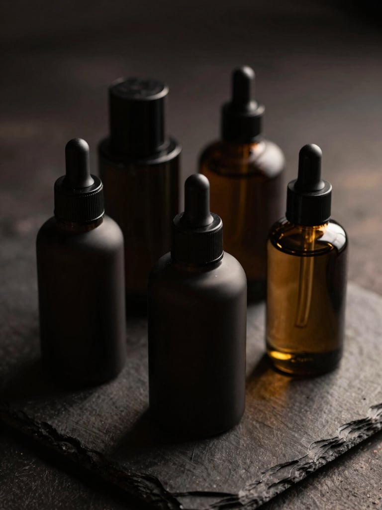 Sleek matte black and dark glass product bottles arranged architecturally on a dark slate surface, low-key warm lighting, 35mm