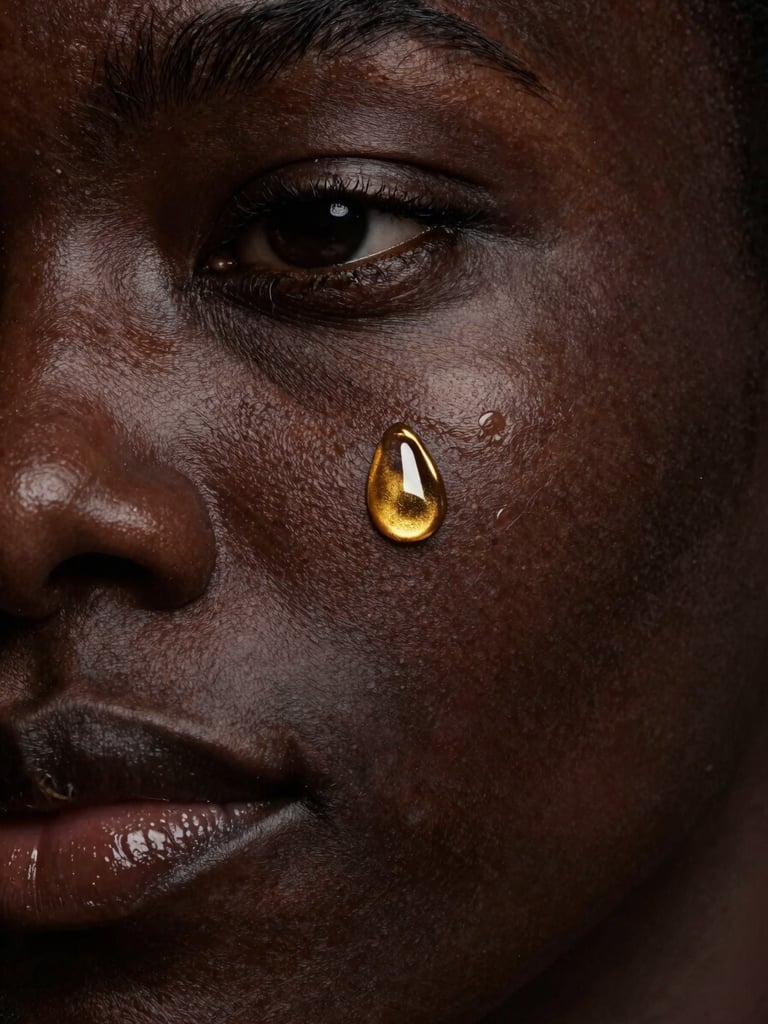 Macro close-up of healthy hydrated skin under low-key dramatic studio lighting with gold rim highlights, 35mm