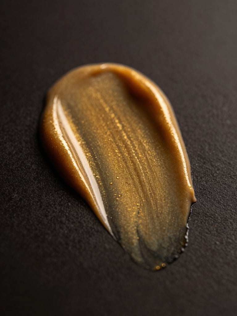 Macro close-up of a rich, gold-tinted face cream texture, dramatic low-key studio lighting with amber highlights, dark matte background, 35mm